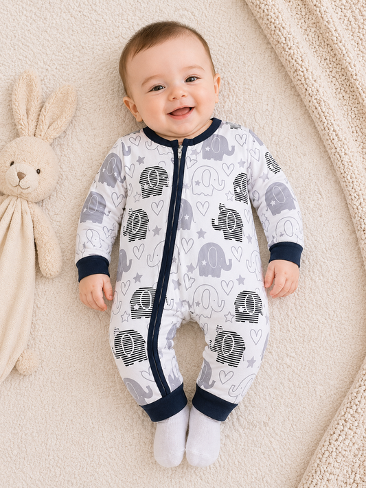 Elephant Bliss Romper – White Grey Mix