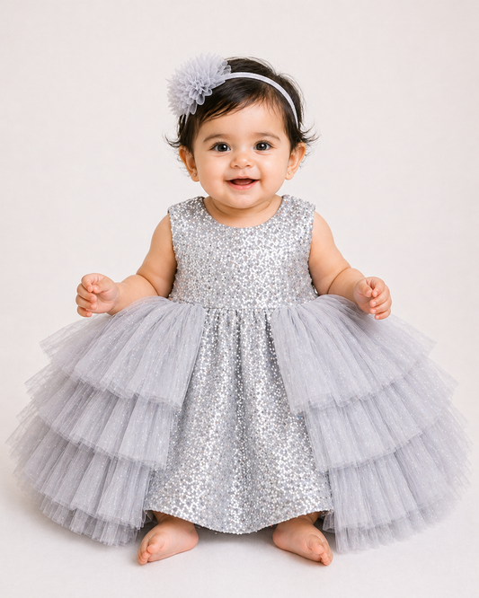Infant Girls Net Fancy Frock -Shimmer Grey