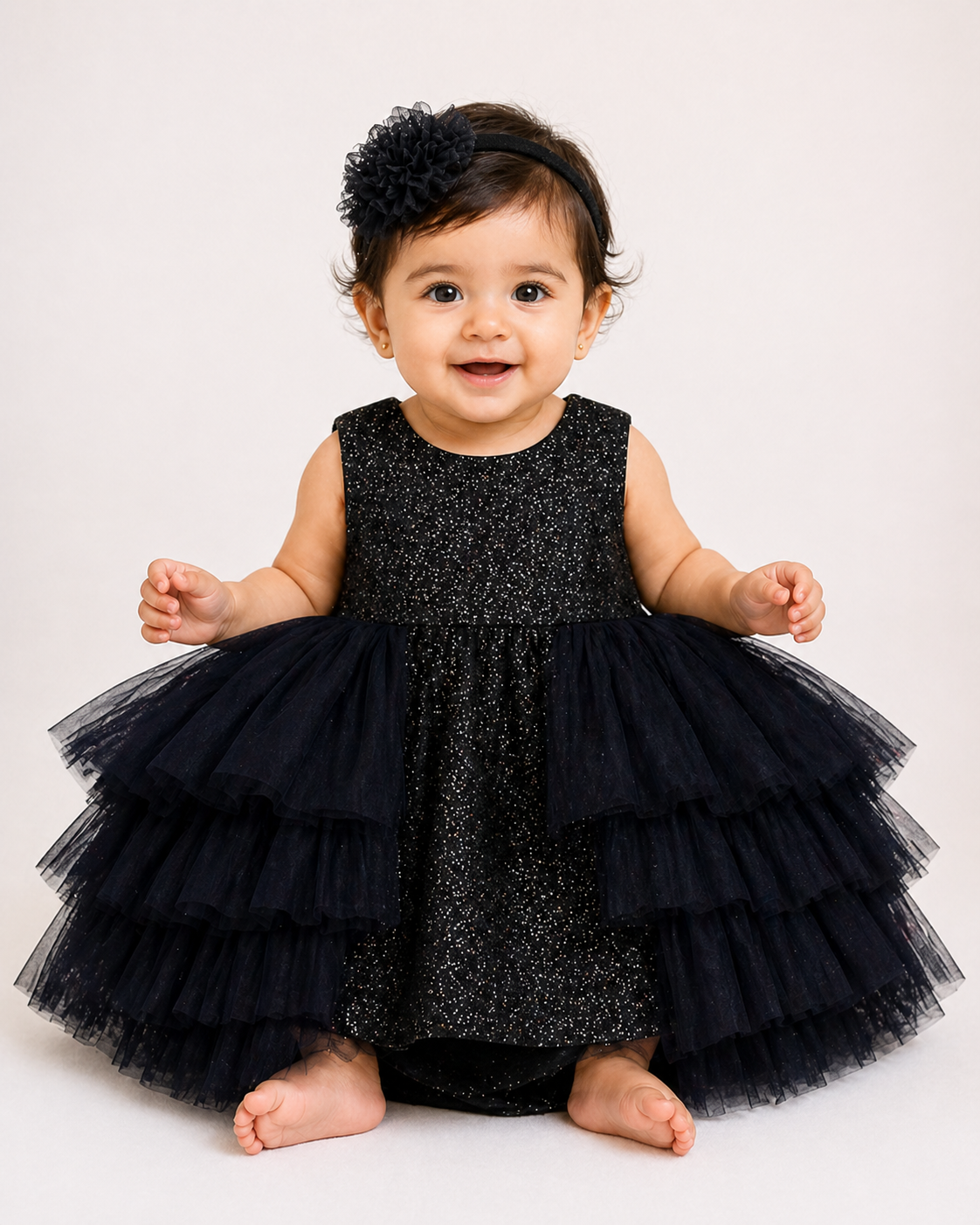 Infant Girls Net Fancy Frock -Shimmer Black
