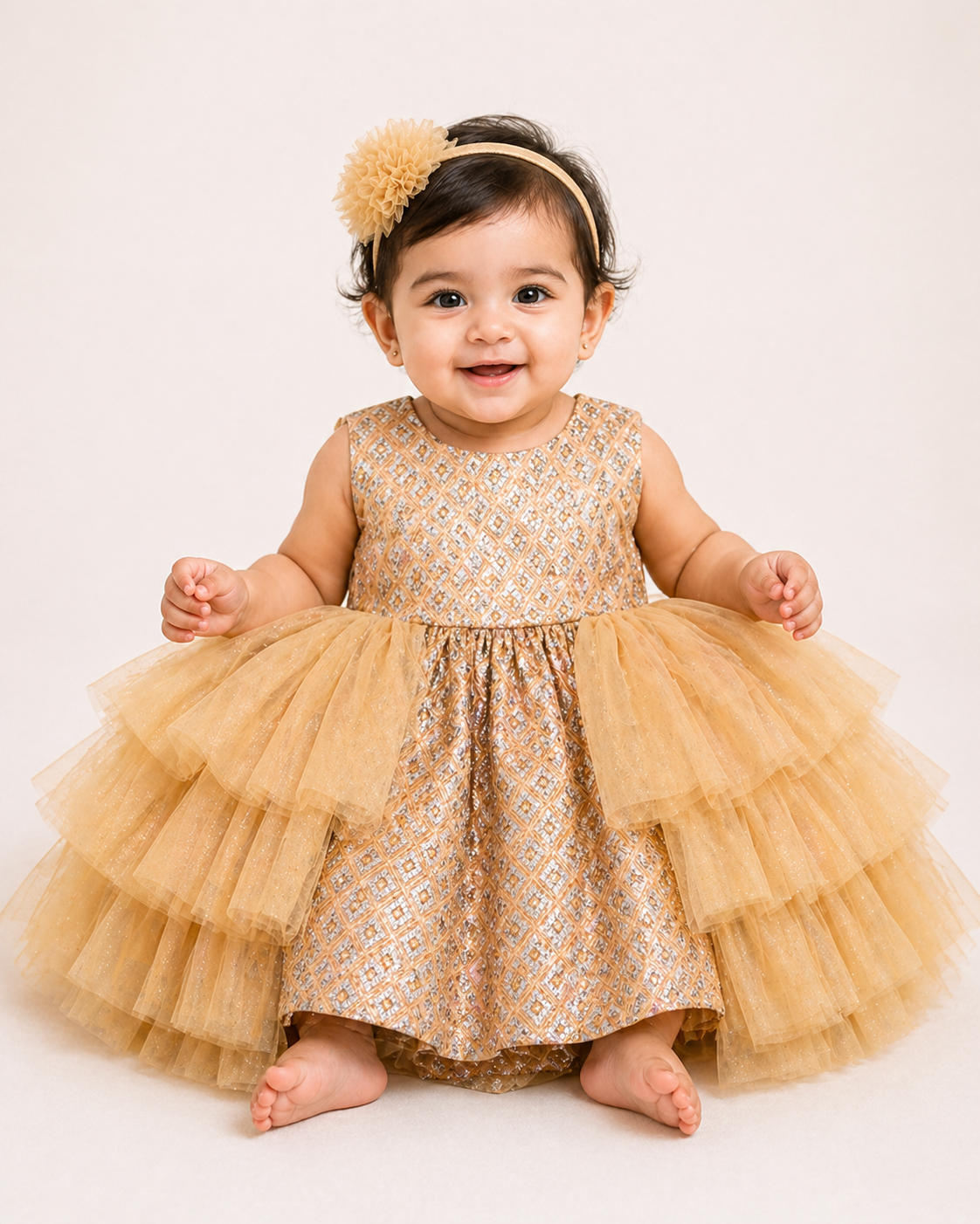 Infant Girls Net Fancy Frock Glow - Golden