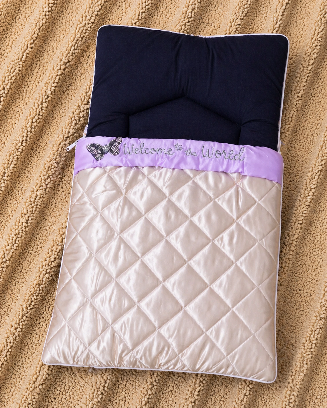Elegant Welcome Baby Sleeping Bag – Ivory Cream & Lavender
