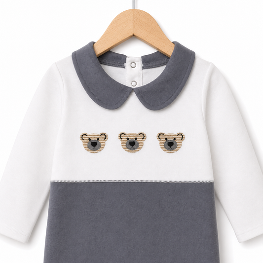 Bear Embroidered Grey Footed Romper