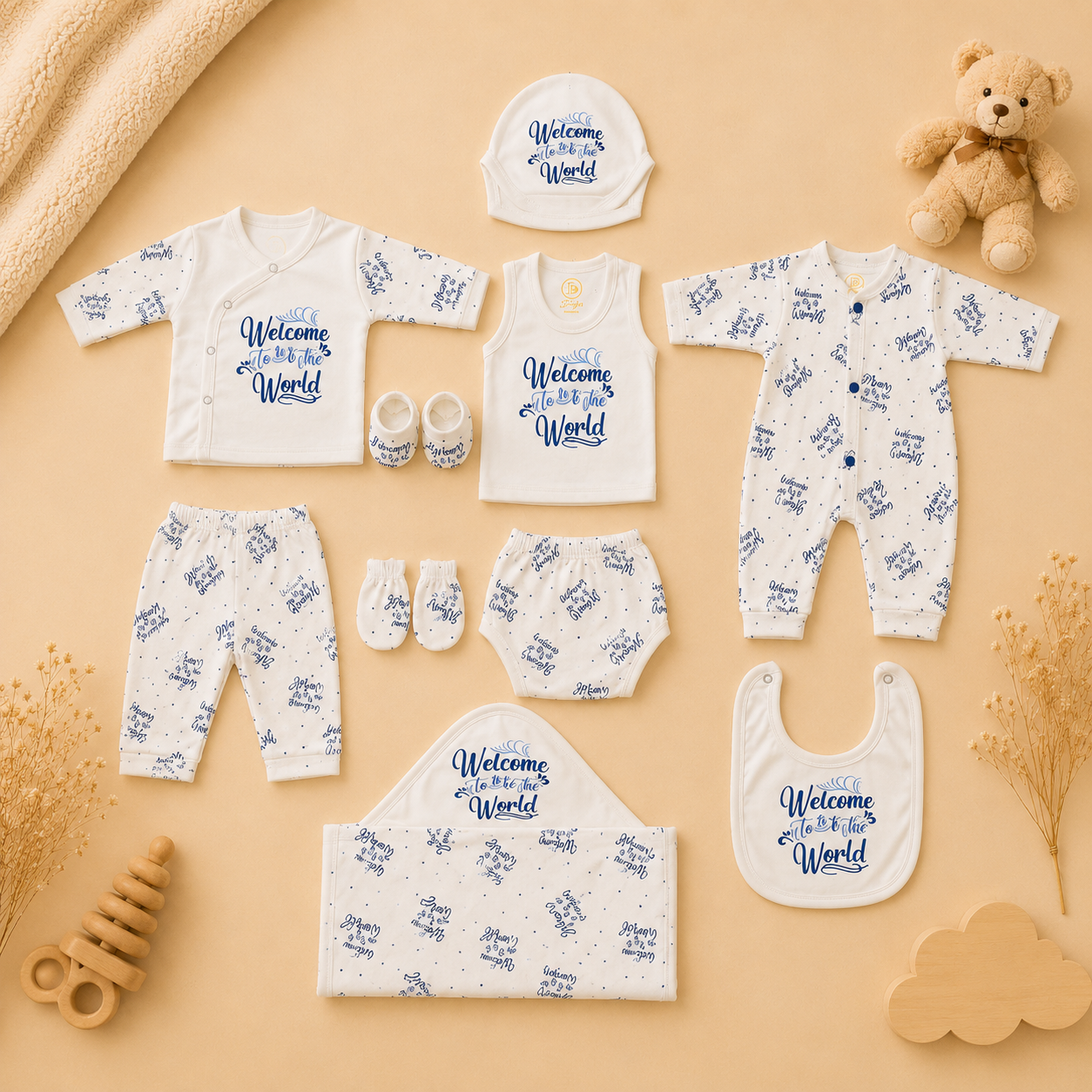 Welcome To The World Newborn Gift Set – White Blue (10 Pcs)