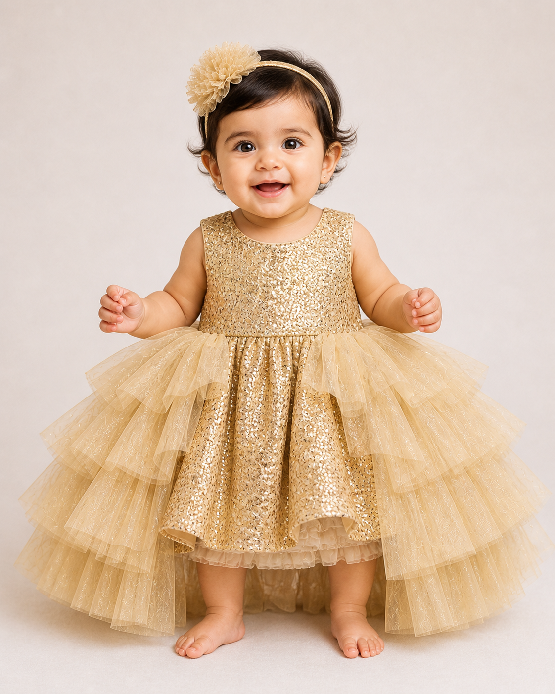 Infant Girls Net Fancy Frock -Shimmer Golden