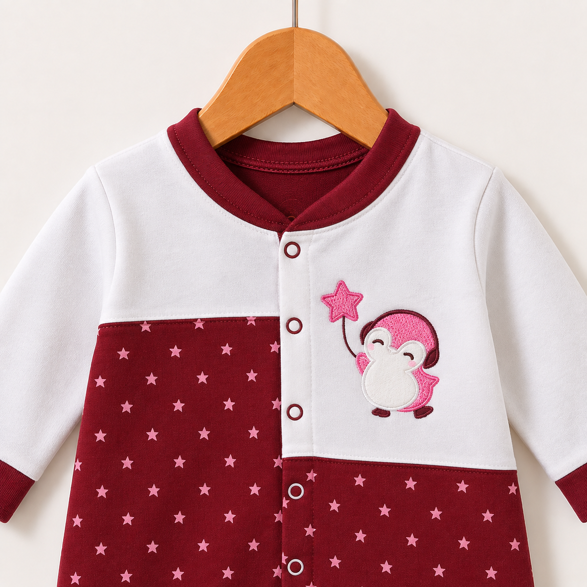 Starlight Penguin Romper – Burgundy & White