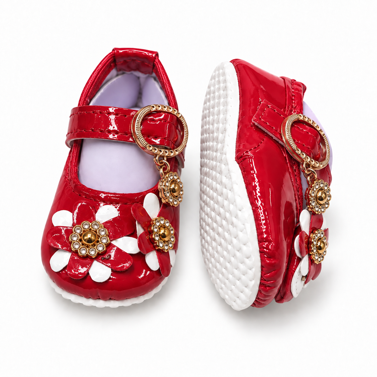 Floral Charm Baby Shoes – Red & White