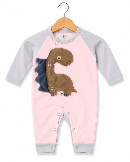 Dino Charm Romper – Baby Pink & Ash Grey