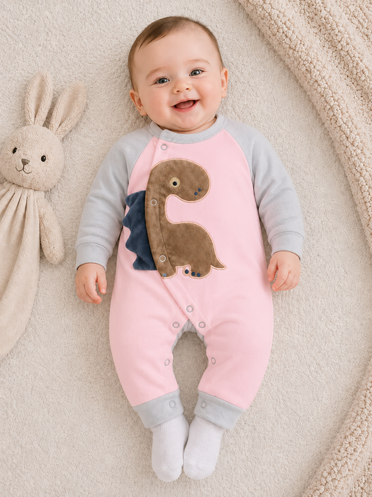 Dino Charm Romper – Baby Pink & Ash Grey