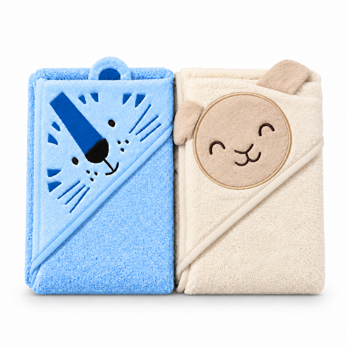 Pack of 2 Tiger & Bear Hooded Baby Towels – Sky Blue & Cream