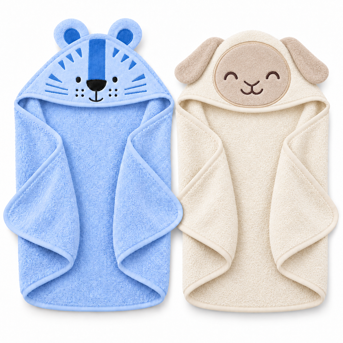 Pack of 2 Tiger & Bear Hooded Baby Towels – Sky Blue & Cream