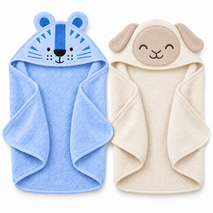 Pack of 2 Tiger & Bear Hooded Baby Towels – Sky Blue & Cream