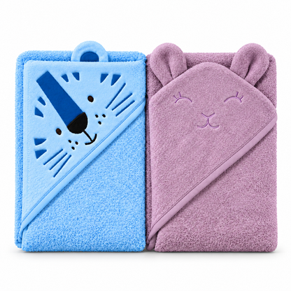 Pack of 2 Tiger & Bear Hooded Baby Towels – Sky Blue & Lilac
