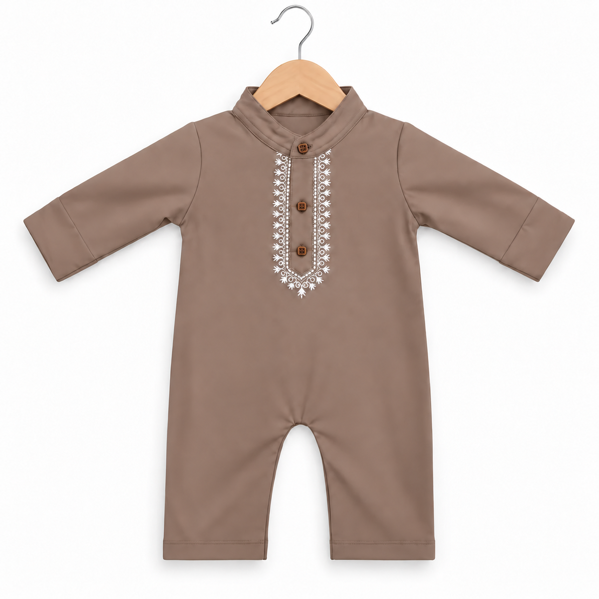 Embroidered Kurta Baby Romper – Taupe & White