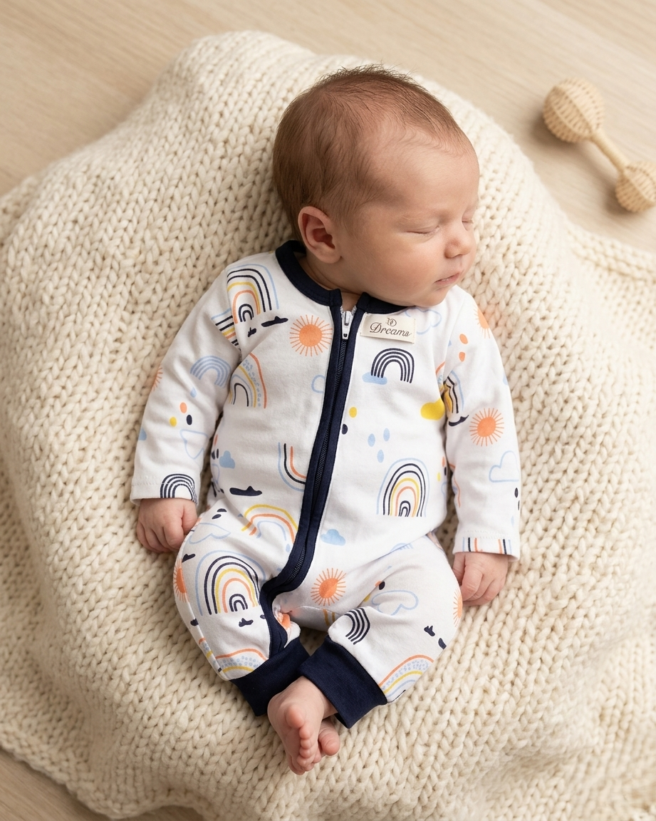 Cheerful Skies: Rainbow & Sun All-Over Print Zip Romper