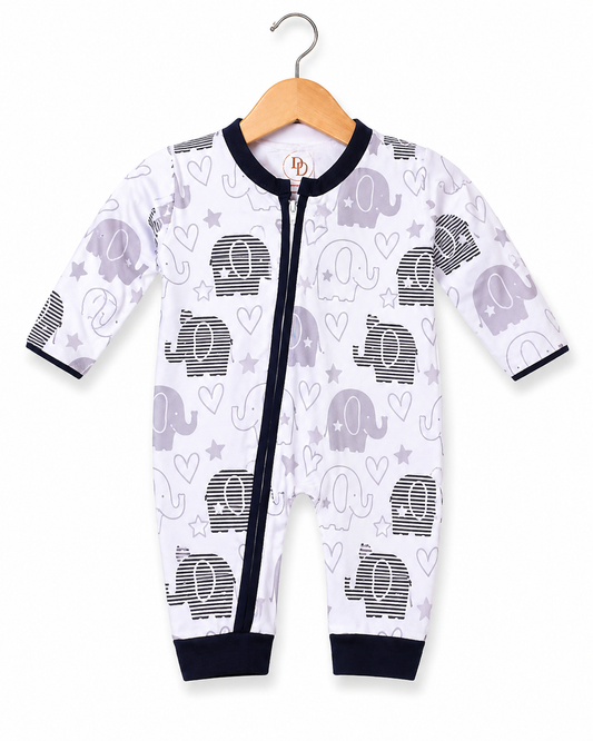 Elephant Bliss Romper – White Grey Mix