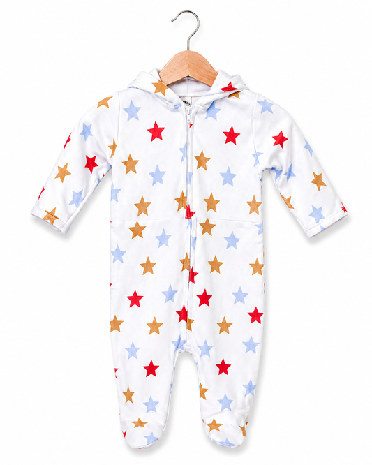 Starry Luxe Zip Romper – White & Multicolor Stars