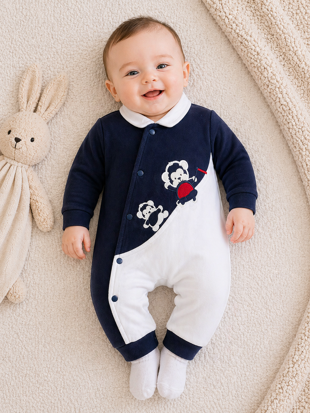 Little Monkey Romper – Navy Blue & White