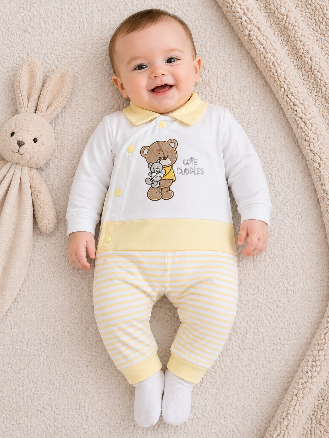 Cuddle Bear Romper – White & Butter Yellow