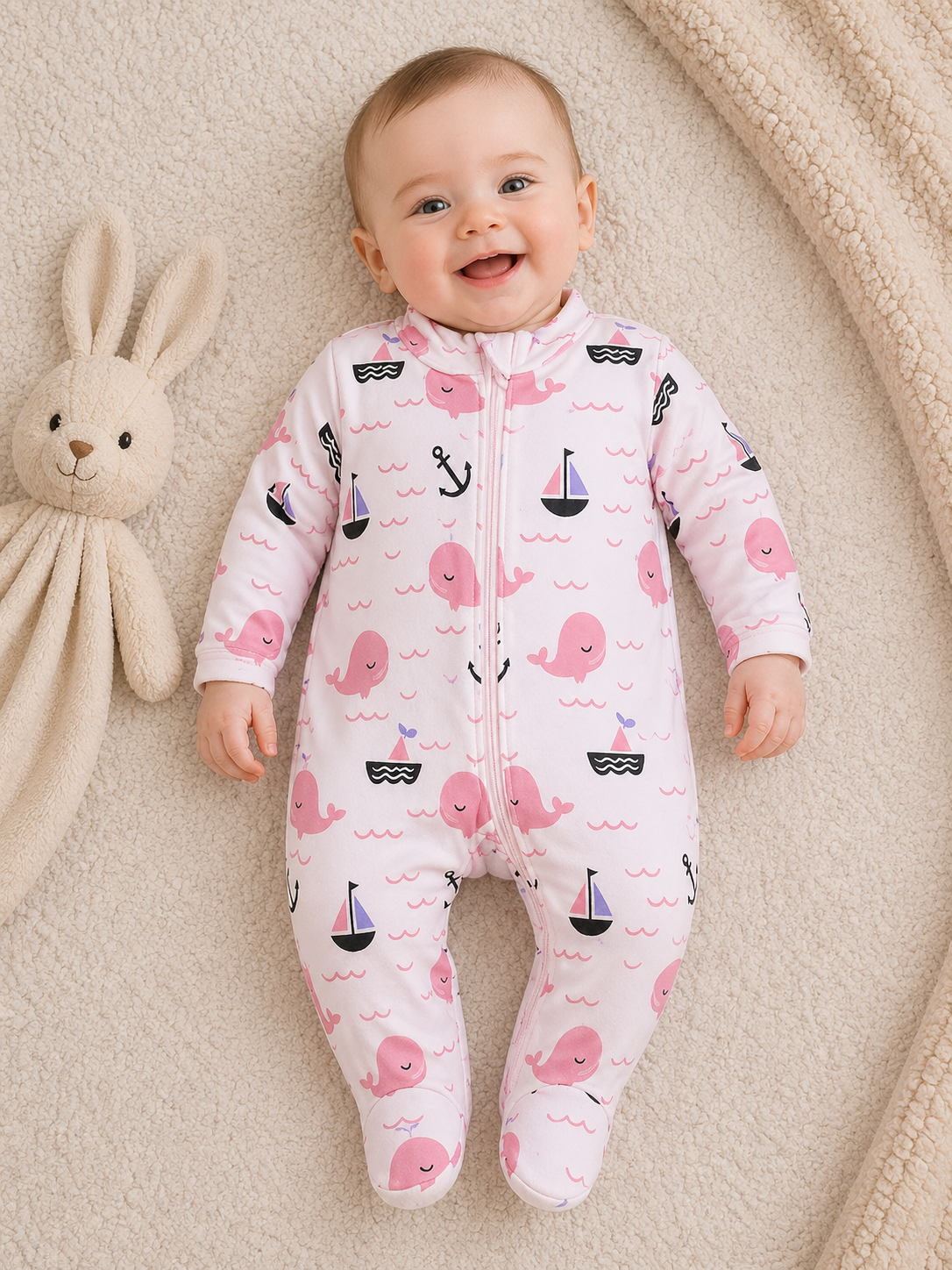 Pink Seafarer Romper – Pink & White