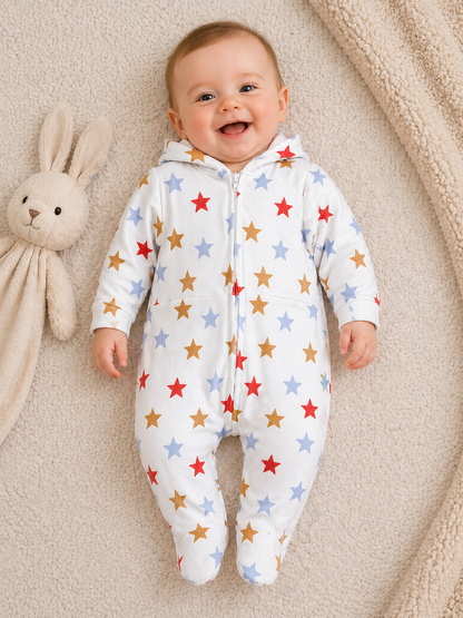 Starry Luxe Zip Romper – White & Multicolor Stars