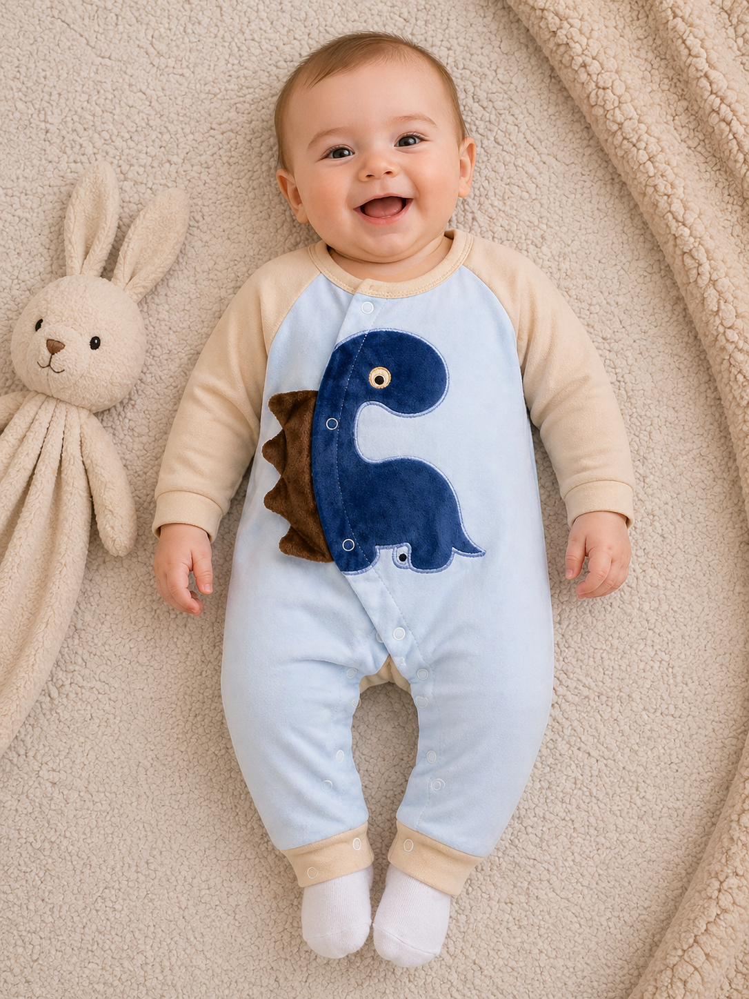 Dino Charm Romper  – Blue & Sand Beige