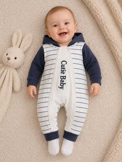 Mini Cozy Zip Hoodie Romper – Navy Ivory