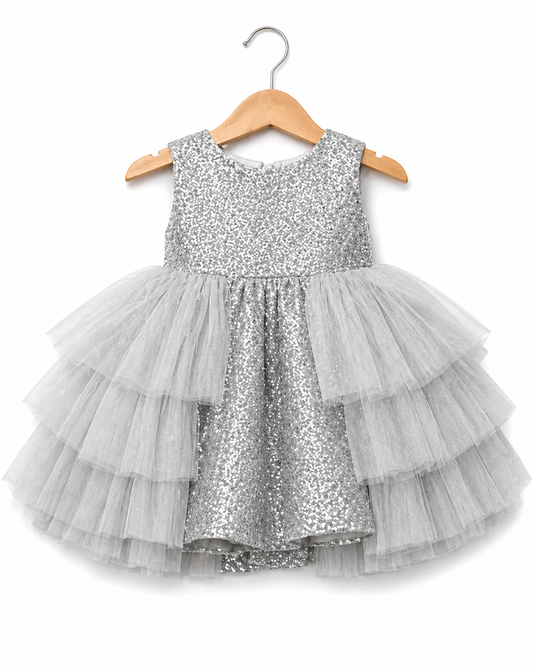 Infant Girls Net Fancy Frock -Shimmer Grey
