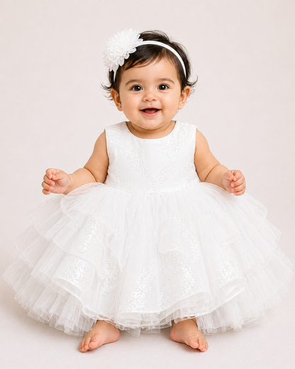 Infant Girls Net Fancy Frock -White