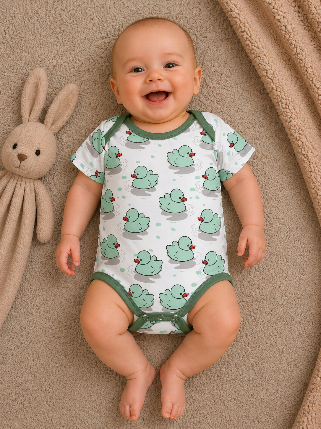 Mini Duck Bodysuit – Green & Ivory