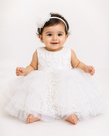 Infant Girls Net Fancy Frock -White