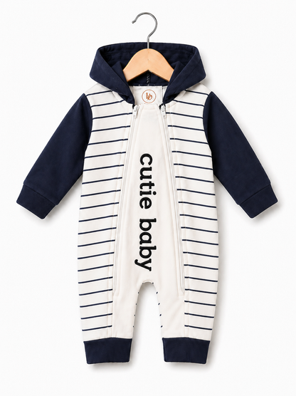 Mini Cozy Zip Hoodie Romper – Navy Ivory