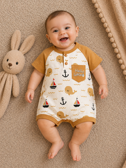Ocean Whale  Romper – Mustard & Ivory