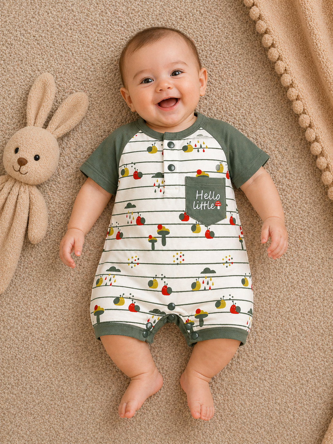 Minimal Stripe Romper – Olive Green & Ivory