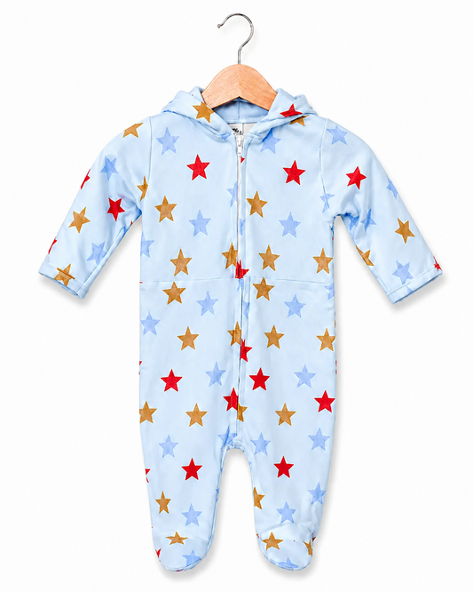 Starry Luxe Zip Romper – blue  & Multicolor Stars