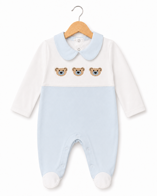Bear Embroidered Baby Footed Romper