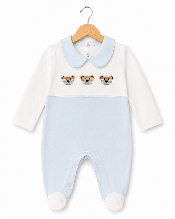 Bear Embroidered Baby Footed Romper