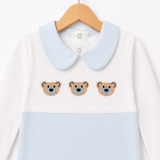 Bear Embroidered Baby Footed Romper