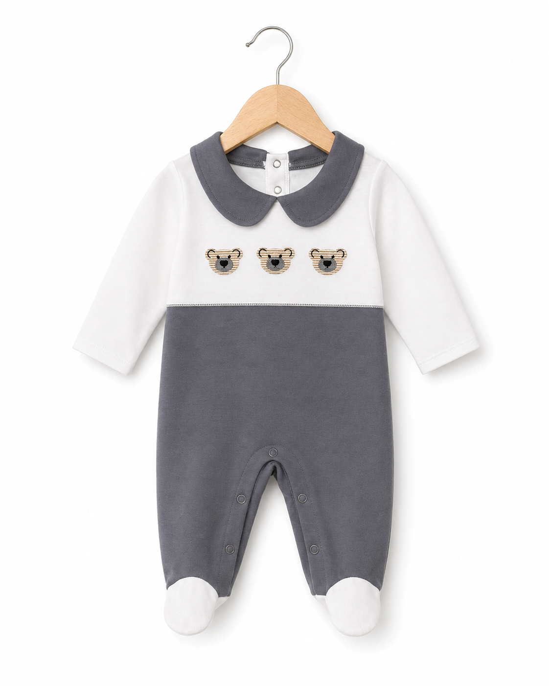 Bear Embroidered Grey Footed Romper
