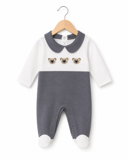 Bear Embroidered Grey Footed Romper
