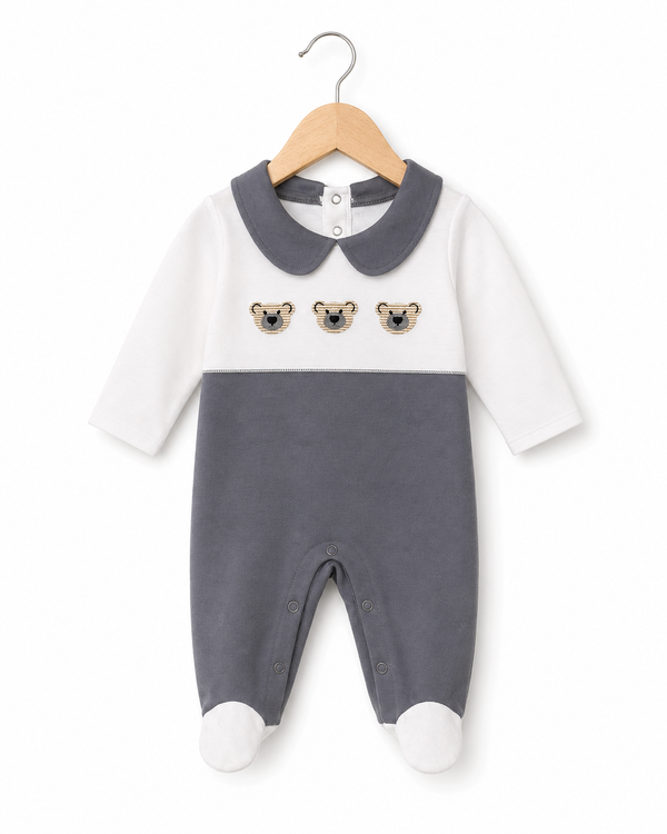 Bear Embroidered Grey Footed Romper