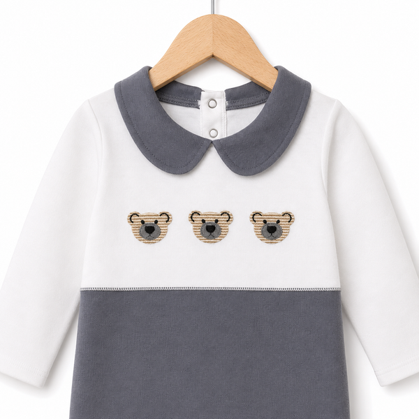 Bear Embroidered Grey Footed Romper