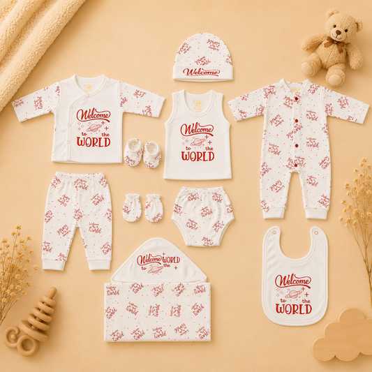 Welcome To The World Newborn Gift Set – White Red (10 Pcs)