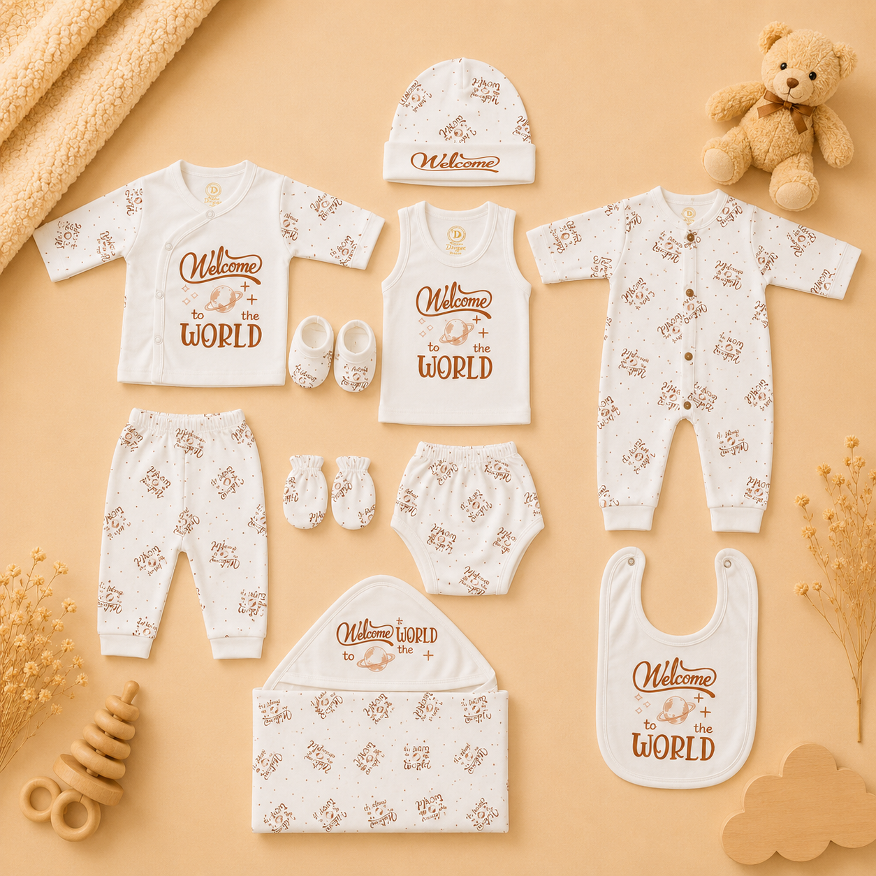 Welcome To The World Newborn Gift Set – White Brown (10 Pcs)