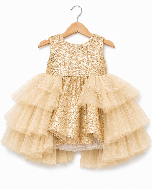 Infant Girls Net Fancy Frock -Shimmer Golden
