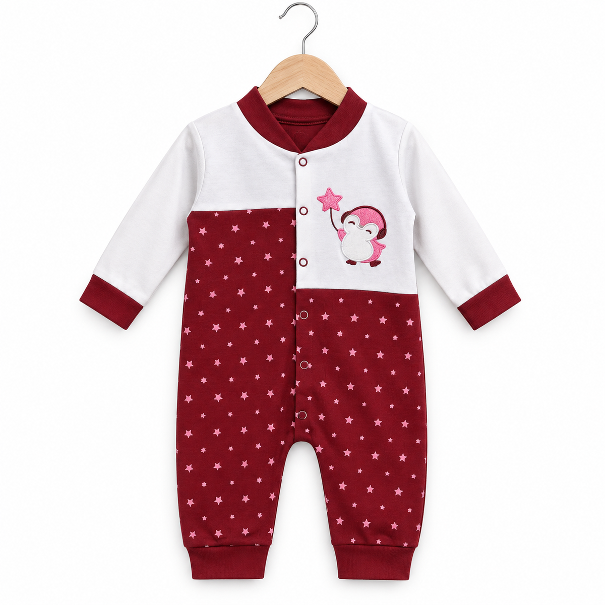 Starlight Penguin Romper – Burgundy & White