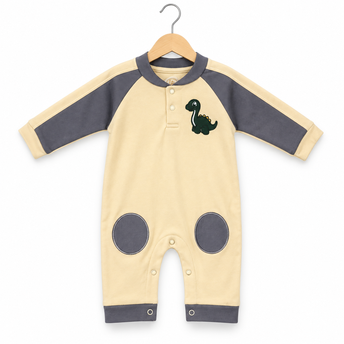 Dino Patch Romper – Cream & Grey