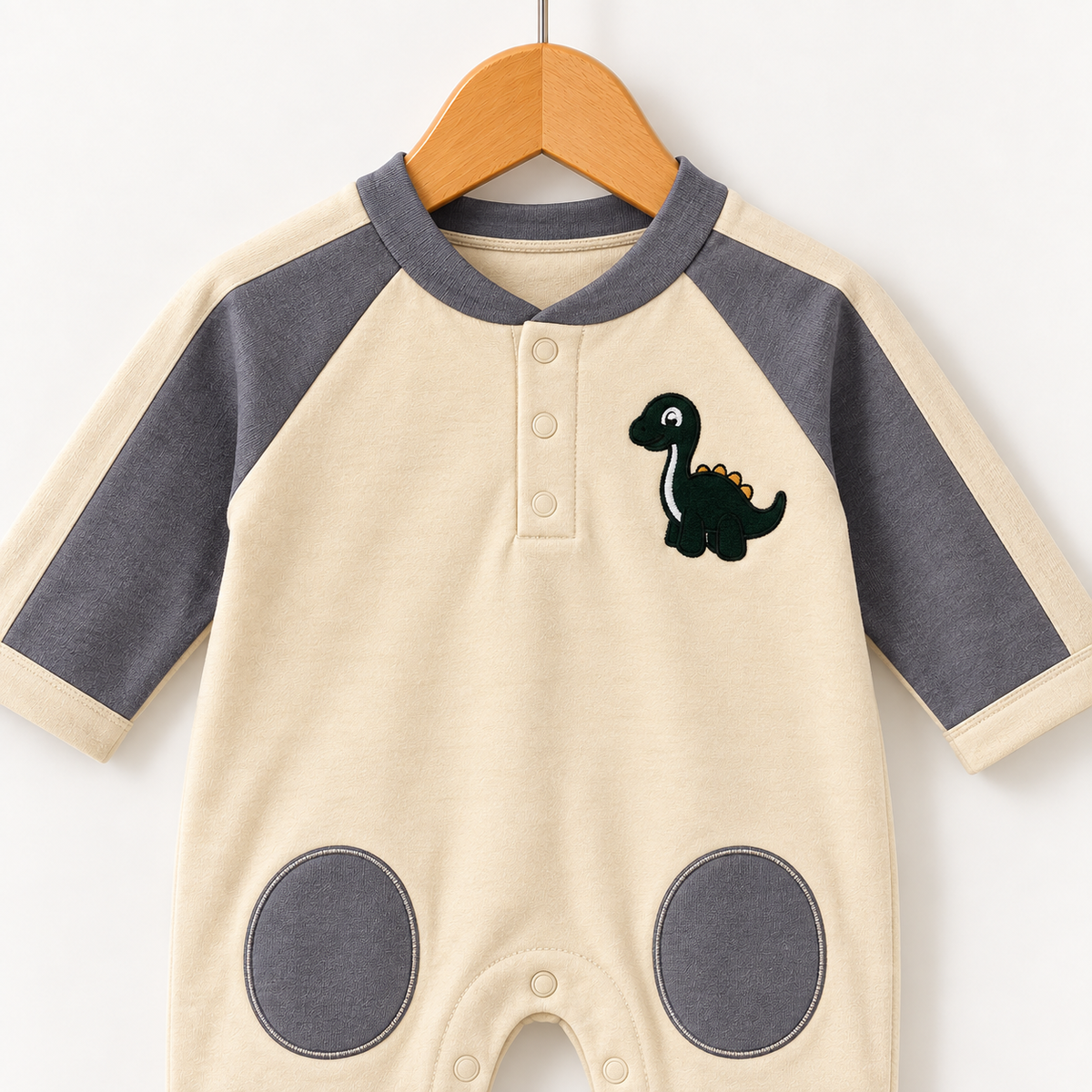 Dino Patch Romper – Cream & Grey