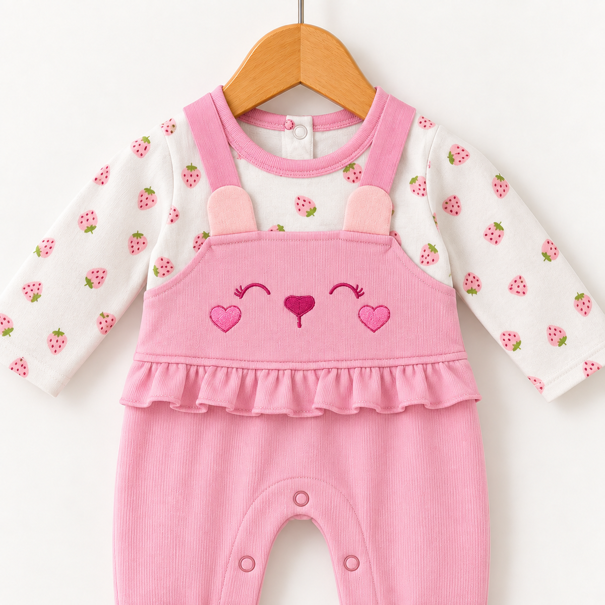 Strawberry Dungaree Romper – Pink & White
