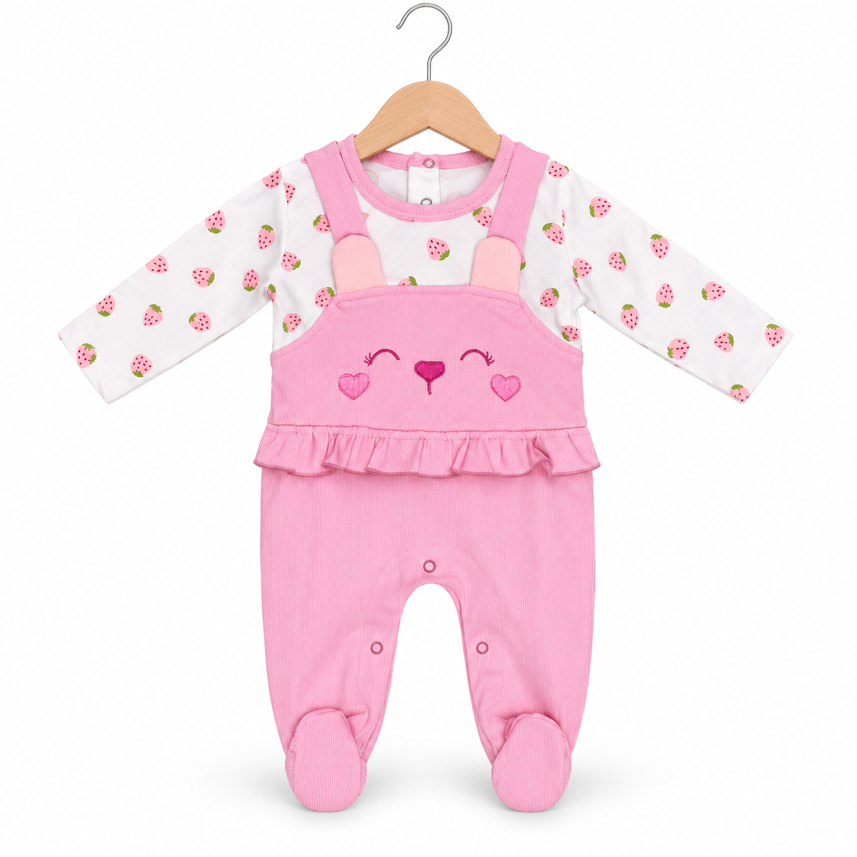 Strawberry Dungaree Romper – Pink & White
