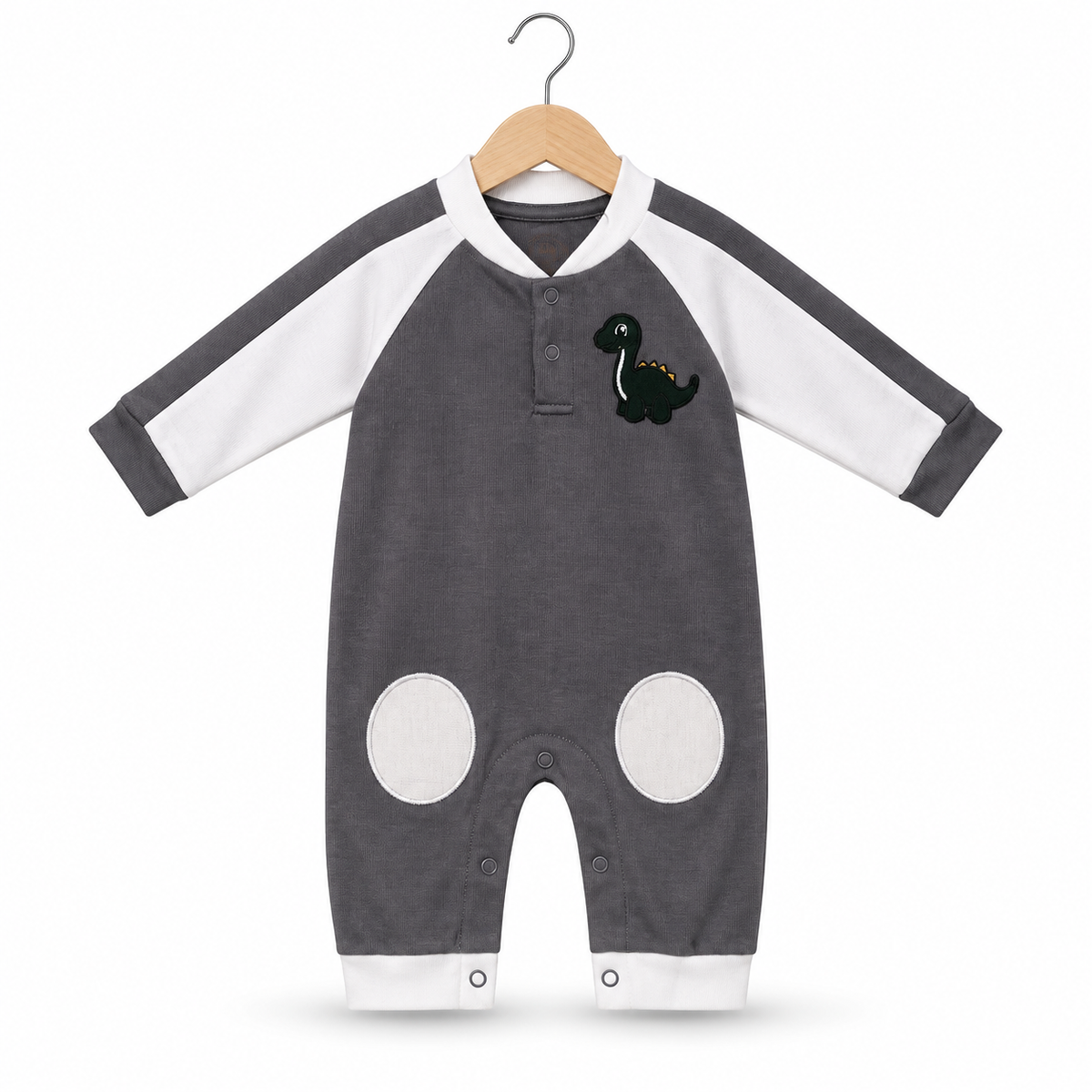 Dino Patch Romper – Charcoal Grey & White